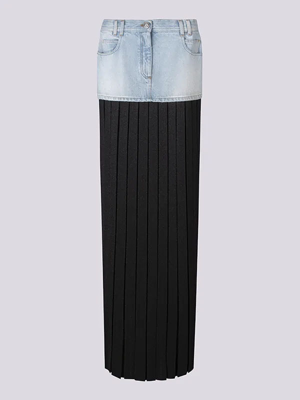 картинка Юбка плисс-ая макси со вставкой из денима BALMAIN магазин PodiumRed являющийся официальным дистрибьютором в России